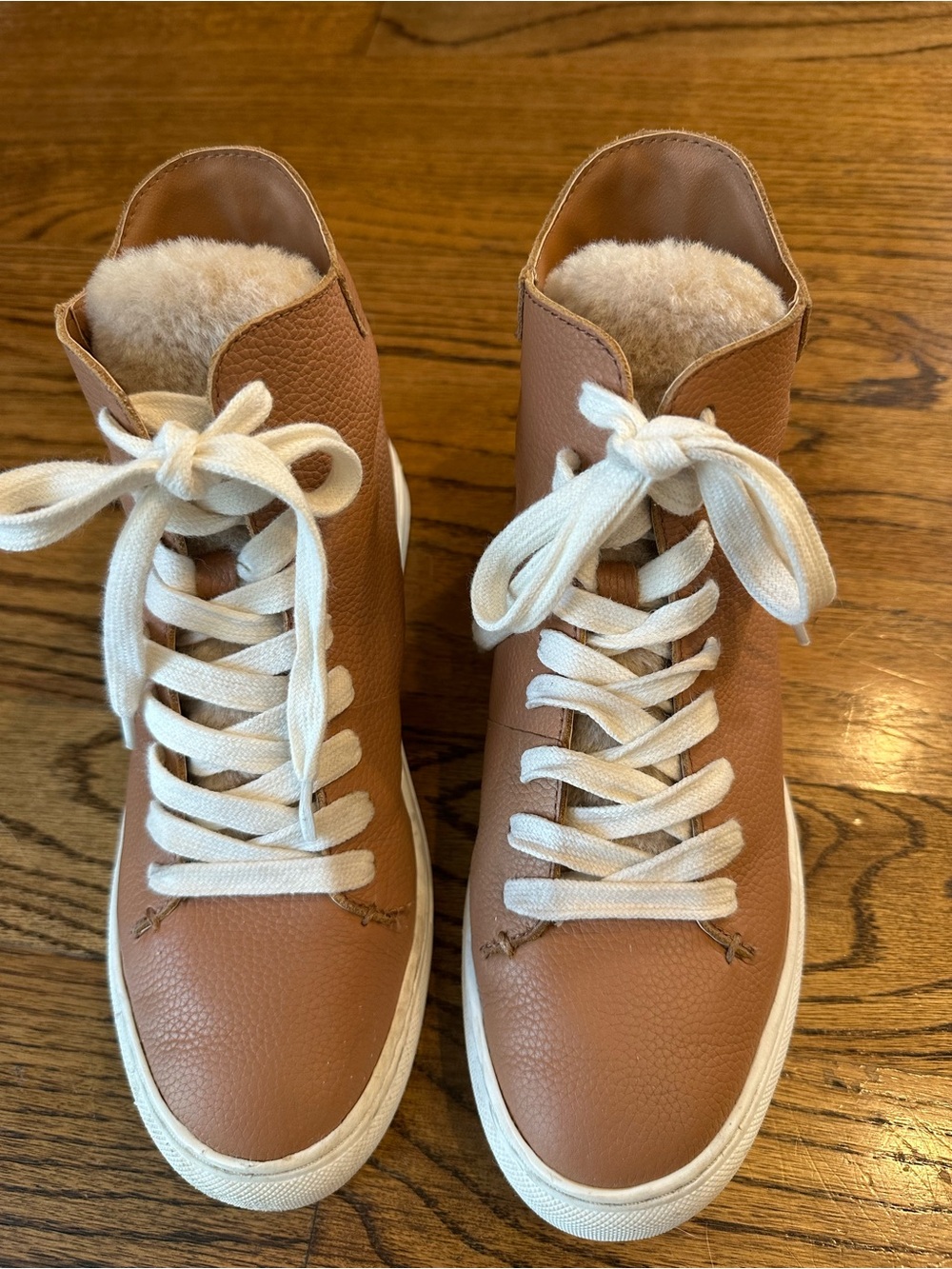 Sam Edelman Tan Leather Lace-Up High-Top Sneakers with White Laces